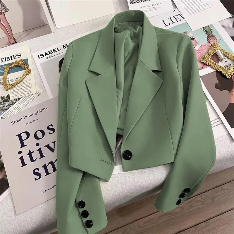 2025 Autumn Black Cropped Blazers Woman Trend New All-match Notched Collar Crop Jacket Women Korean Chic Single Button Suit Coat