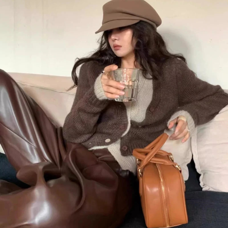 Elegant Button Sweater Fashion Long Sleeve False Two-piece Knitted Top Korean Style Autumn V-neck Cardigan Casual Knitwear
