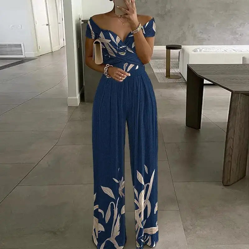 Fashion Print Jumpsuit Women's Short Off Shoulder V-Neck Wide Leg Pants Jumpsuits Female Office Womens Clothing Jumpsuit Summer