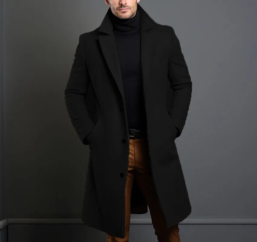 Winter Woolen Coat Men Jacket Elegant Medium and Long Woolen Jacket with Lapel Pockets Slim Solid Color Suit Collar Trench Coat
