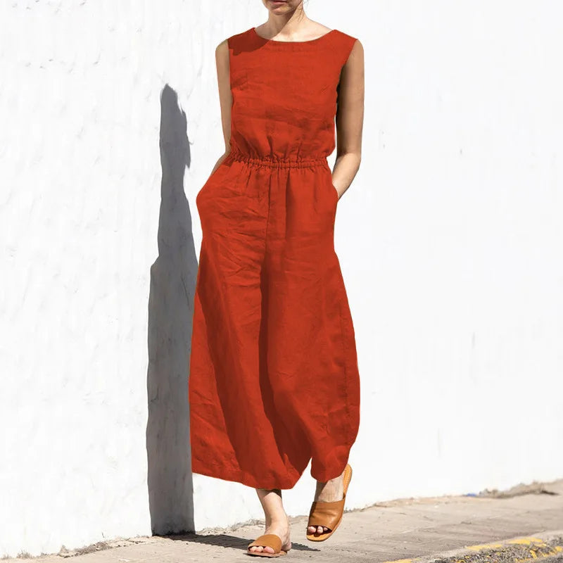 Women Fashion Wide Leg Pant Jumpsuit Summer Casual Solid O- Neck Sleeveless Pocket Playsuit Ladies Loose Boho One-Piece Pants