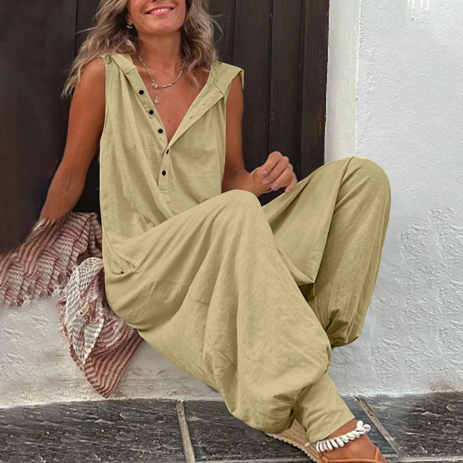 Fashionable Sleeveless Hooded Collar Jumpsuit Women Spring Summer Button Pocket Loose Casual Baggy Pants Jumpsuits Female
