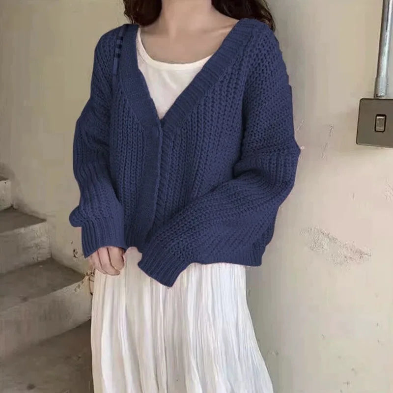 Women's Short Sweater Cardigan Sweet Cute College Style Single Button Knitted Cardigans Autumn Winter Thicken V-Neck Knitweat
