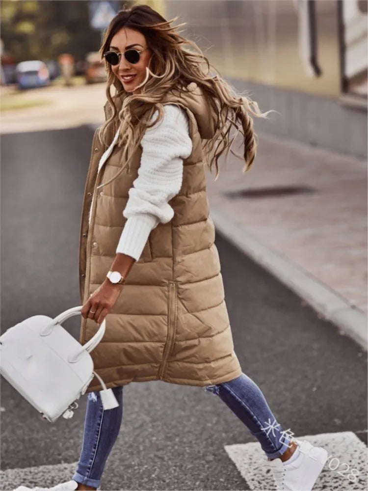 Casual Vest Hooded Single Breasted Mid-length Cotton Padded Jacket Winter Fashion Button Zipper Fitted Cardigan Female Vest Coat