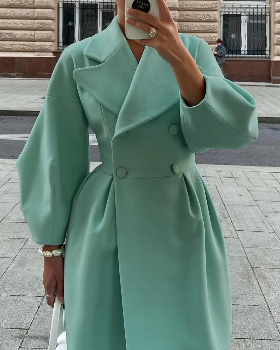 Autumn Lantern Sleeves Women Vintage Court Coat Lapel Double Row Button Office Women's Long Jacket Windbreaker Thick Street Coat