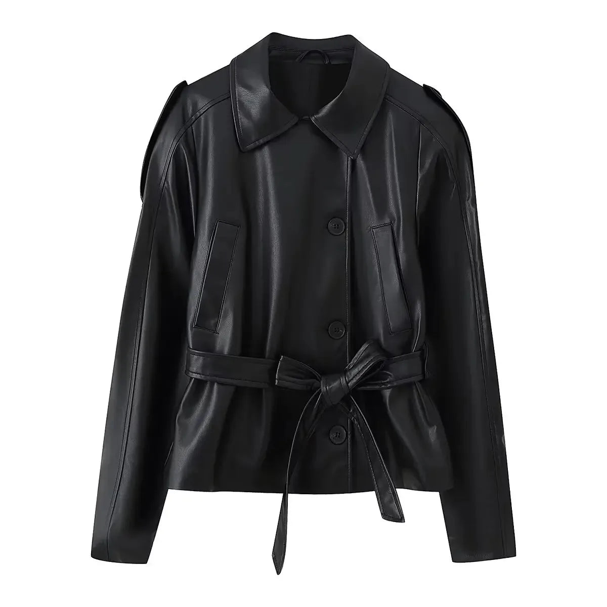 HH Women Autumn New Fashion Versatile Imitation Leather Short Windbreaker Coat Female Streetwear Slim Lapel Bow Belt Jacket