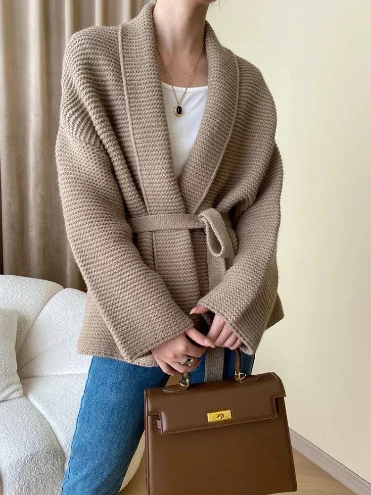 Knitted Cardigan Sweater Loose Lace Up Waist Retraction Oversized Cardigan Autumn New Grey Warm Fashion Coats for Women 2025