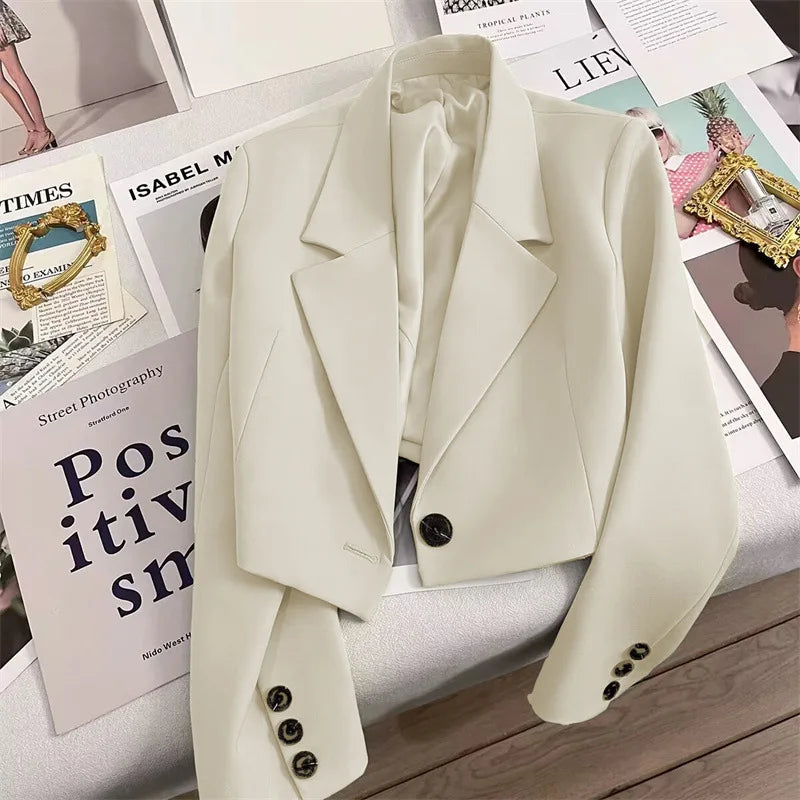 2025 Autumn Black Cropped Blazers Woman Trend New All-match Notched Collar Crop Jacket Women Korean Chic Single Button Suit Coat