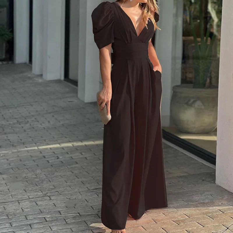 2025 New European American Short-sleeved Fashionable and Elegant Wide-leg Jumpsuits