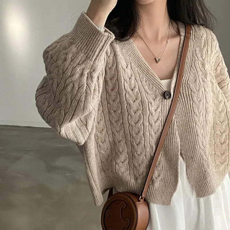 Retro V-neck Twist Design Long-sleeved Short Knitted Cardigan Elegant Solid Sweater Jacket Autumn/Winter New Women's Clothing