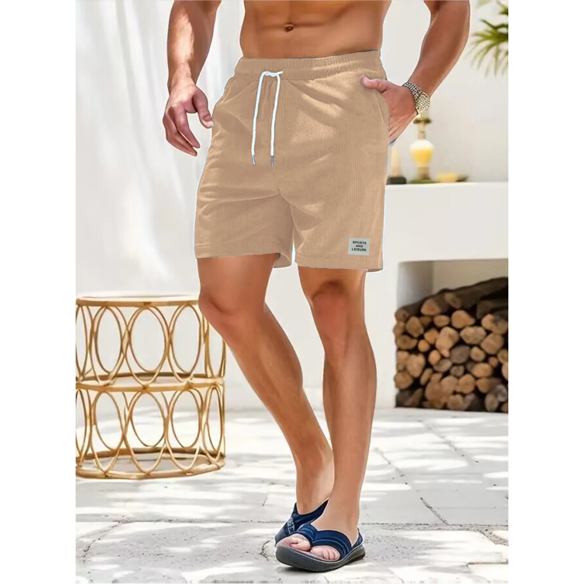 Summer new solid color lace-up sweatpants corduroy simple quarter shorts men's shorts casual pants