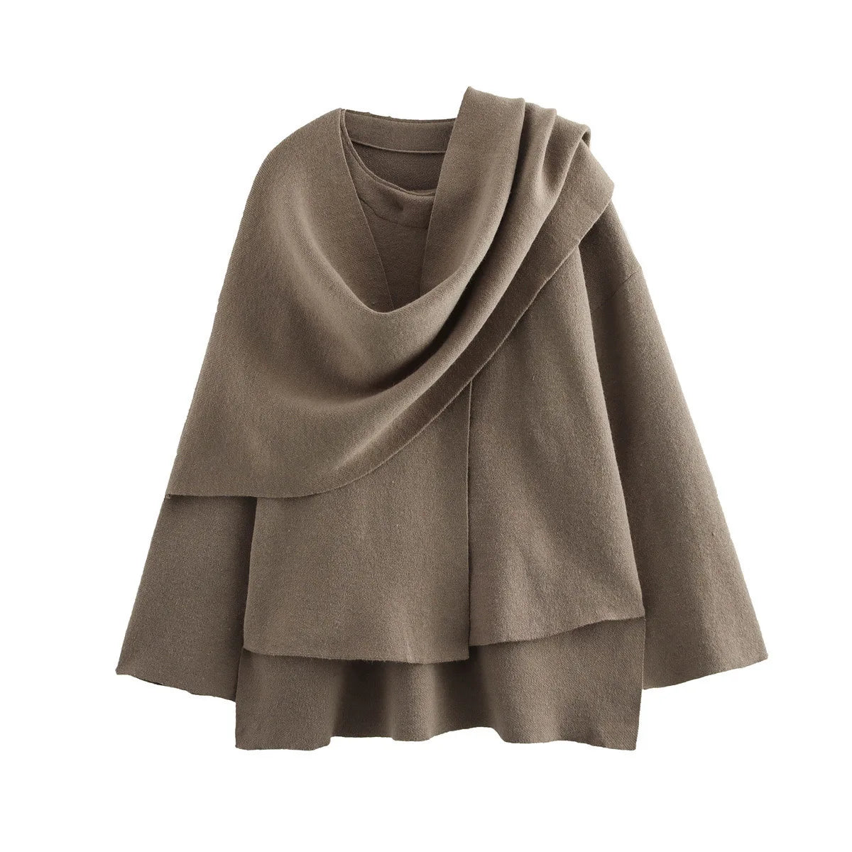 Autumn Winter New Female Cape Solid Long Sleeve Knitted Coat Fashion Scarf Collar Warm Women Short Jacket Elegant Streetwear