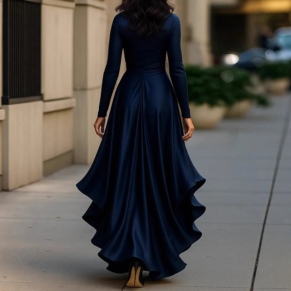 Fashion Satin Spring Autumn Long Sleeve Ruffled Long Sleeve Women's Dress Elegant Woman Slim Fit Irregular Pleated Ruffle Dress