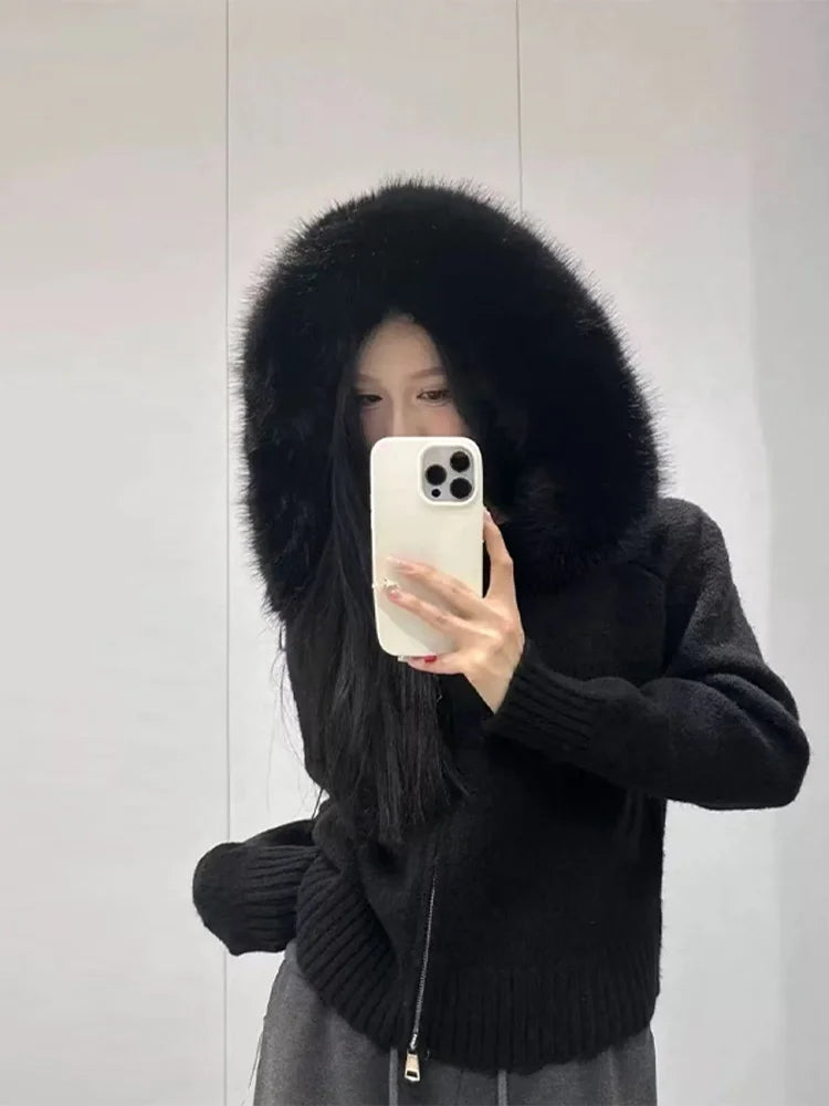 2025 Autumn Winter Women's Knitted Fur Hooded Cardigan Double Zipper Full Sleeve Sweater Fashion Warm Solid All-match Knitwear