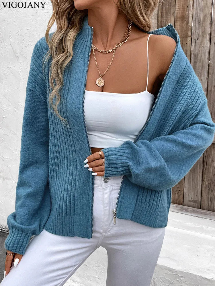 2025 Autumn Blue Stand Collar Sweater Cardigan Women Casual Long Sleeve Knit Cardigan Winter Lady Zipper Loose Knitted Coat