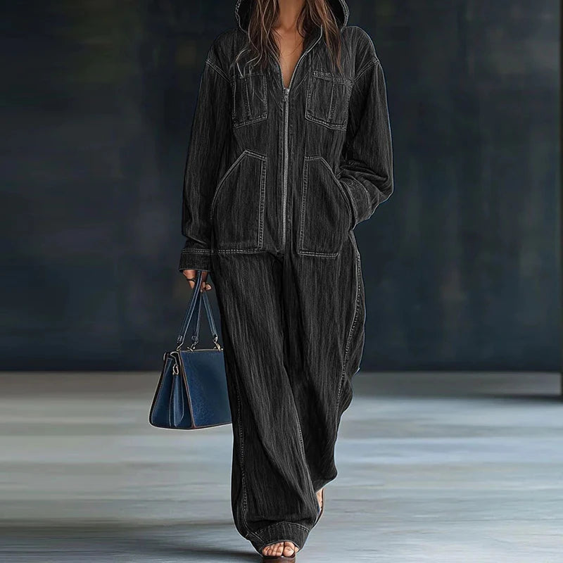 Fashion Zipper Solid Wide Leg Jumpsuits Autumn Hoodies Long Sleeve Pocket Playsuits Overalls Lady Loose Casual Commute Rompers
