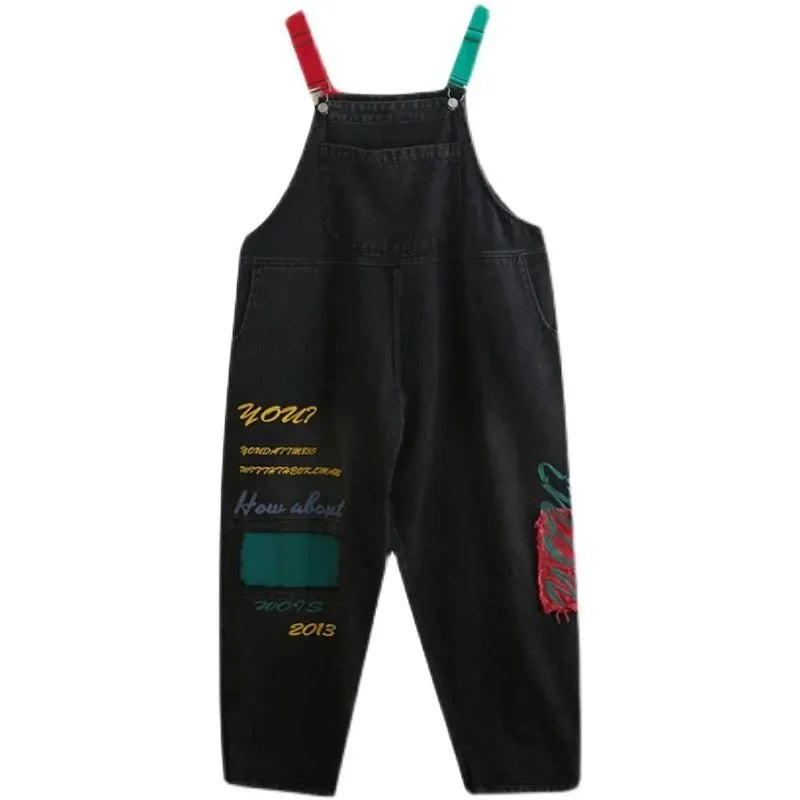 Autumn Winter Letter Embroidered Denim Backband Pants for Women's Korean Edition Loose Slim Casual Harlan jumpsuit Streetwear