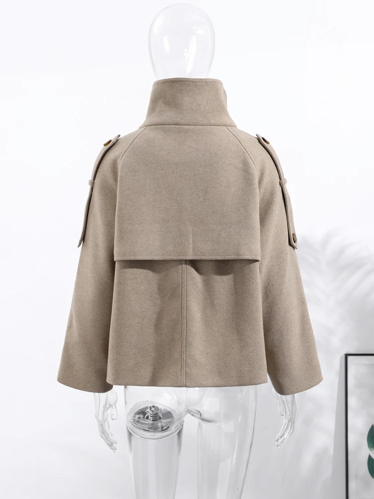 Fashion Women's Stand Collar Coat Long Sleeve Double-breasted Solid Pockets Jacket Female 2025 Autumn Winter Lady New Streetwear