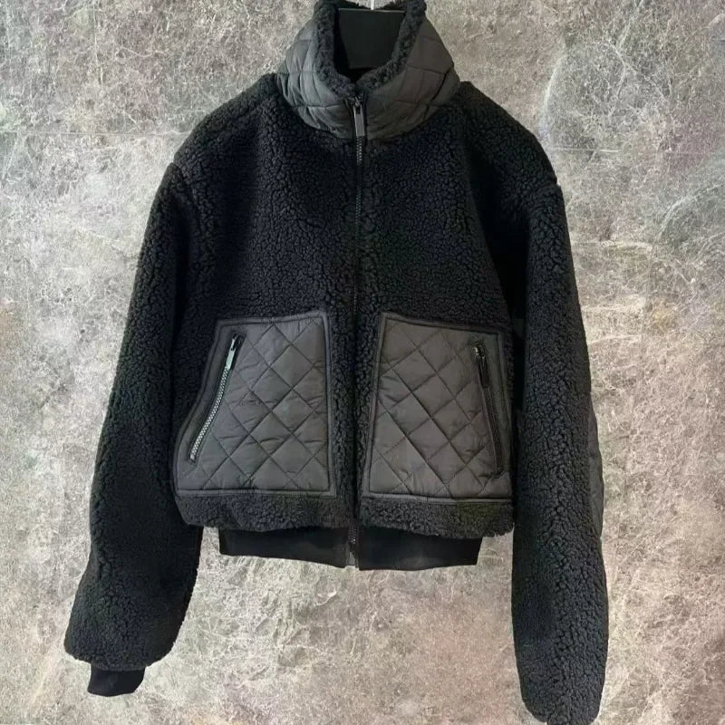 2025 Autumn New Lamb Plush Warm Coat Fashion Stand-up Collar Zipper Winter Jacket Women Outerwear High Waist Thicken Coats