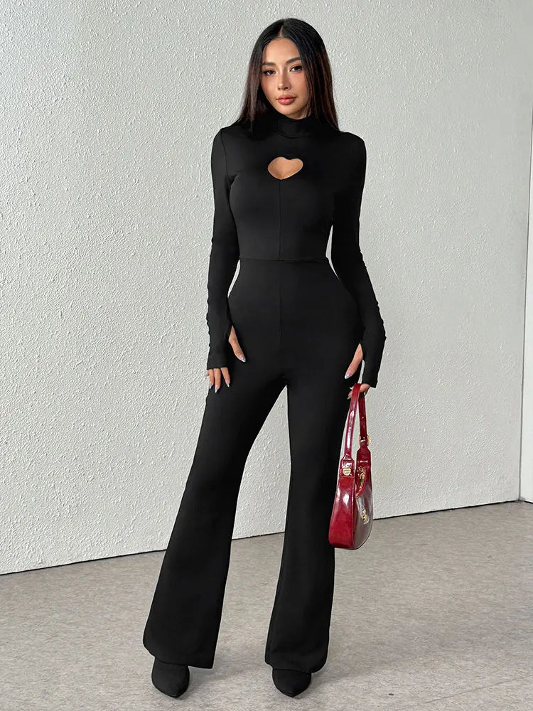 Women New Jumpsuit Autumn Black Sexy Hollow Out Jumpsuit Streetwear Fashion Long Sleeve Turtleneck Elegant Lady Knitted Clothing