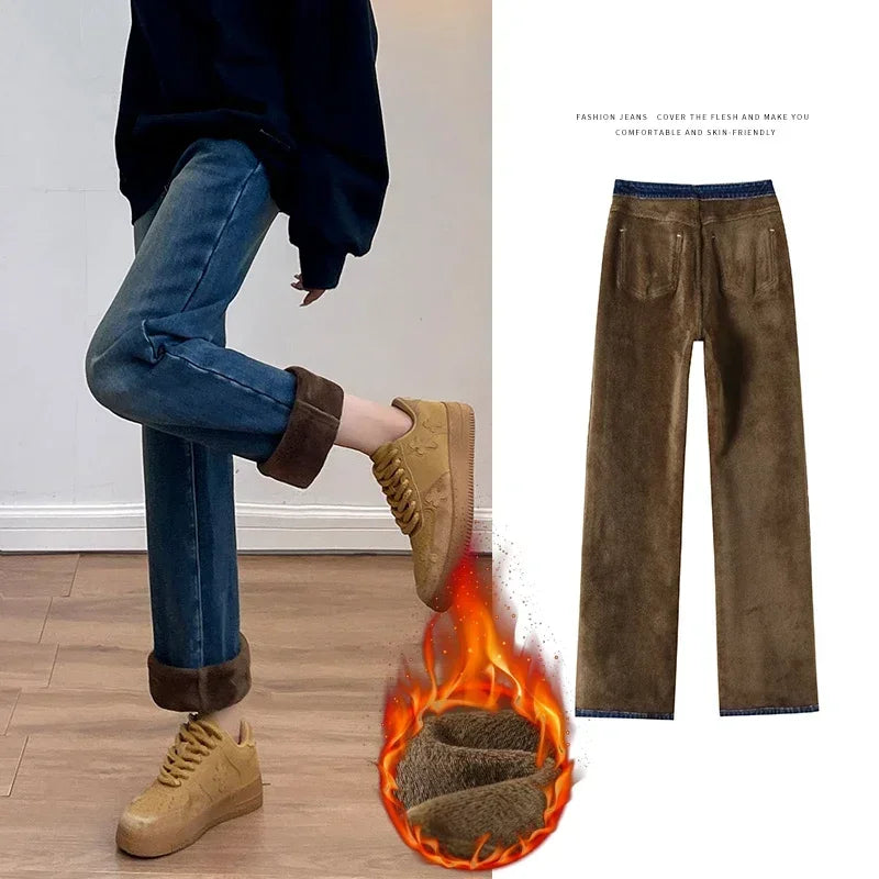 Winter Thickened Women's Mink Velvet Jeans Loose Straight Warm Soft Fleece Fashion Elastic High Waist Female Pants Black Blue