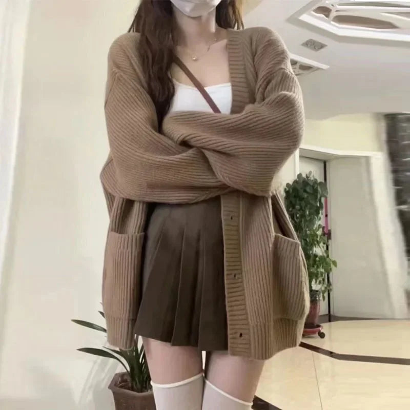 Korean College Style Single Breasted Cardigans Loose and Lazy V-neck Big Pocket Knitted Cardigan Women's Popular Coat Sweater