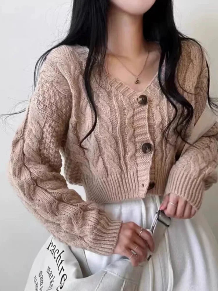 Cable Knit Crop Cardigan Sweater for Women Long Sleeve Button-up Boxy-fit Crop Sweater Jacket Teen-girl Fall Winter Y2K Outfit