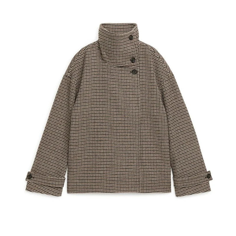 Fashion Houndstooth High Collar Woolen Coats For Women Chic Long Sleeve Single Breasted Jacket 2025 Autumn Winter Lady Outerwear