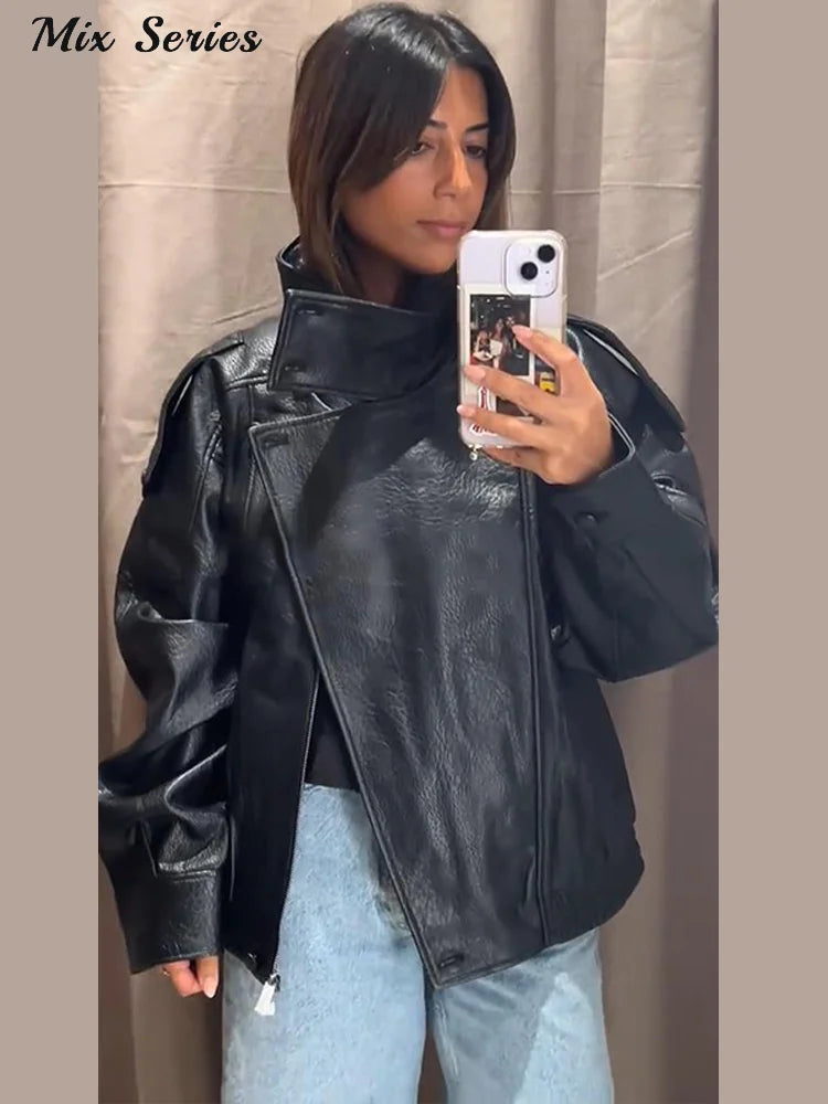 Fashion Solid Leather Jacket Women's Turtleneck Side Zipper Long Sleeve Belted Coat 2025 Autumn New Lady High Street Outerwear