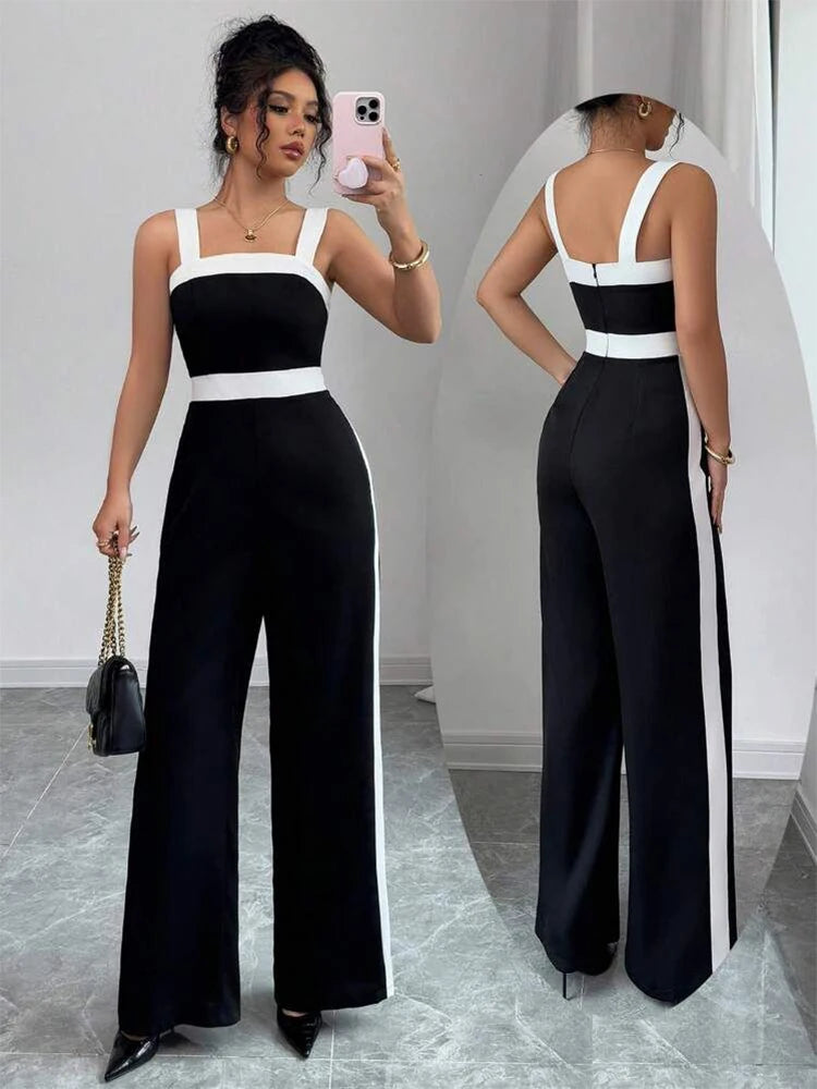 Women's Black White Jumpsuit Square Neck Contrast Trim Ideal for Evening Events Parties Elegant Styles
