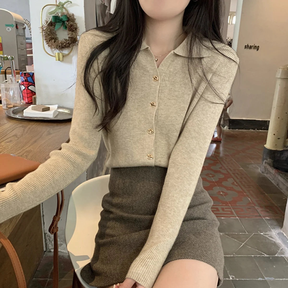 Women Fashion Button Knitted Cardigan Autumn Winter Polo Neck Long Sleeve Solid Knitwear Korean Vintage Casual Street Tops Chic