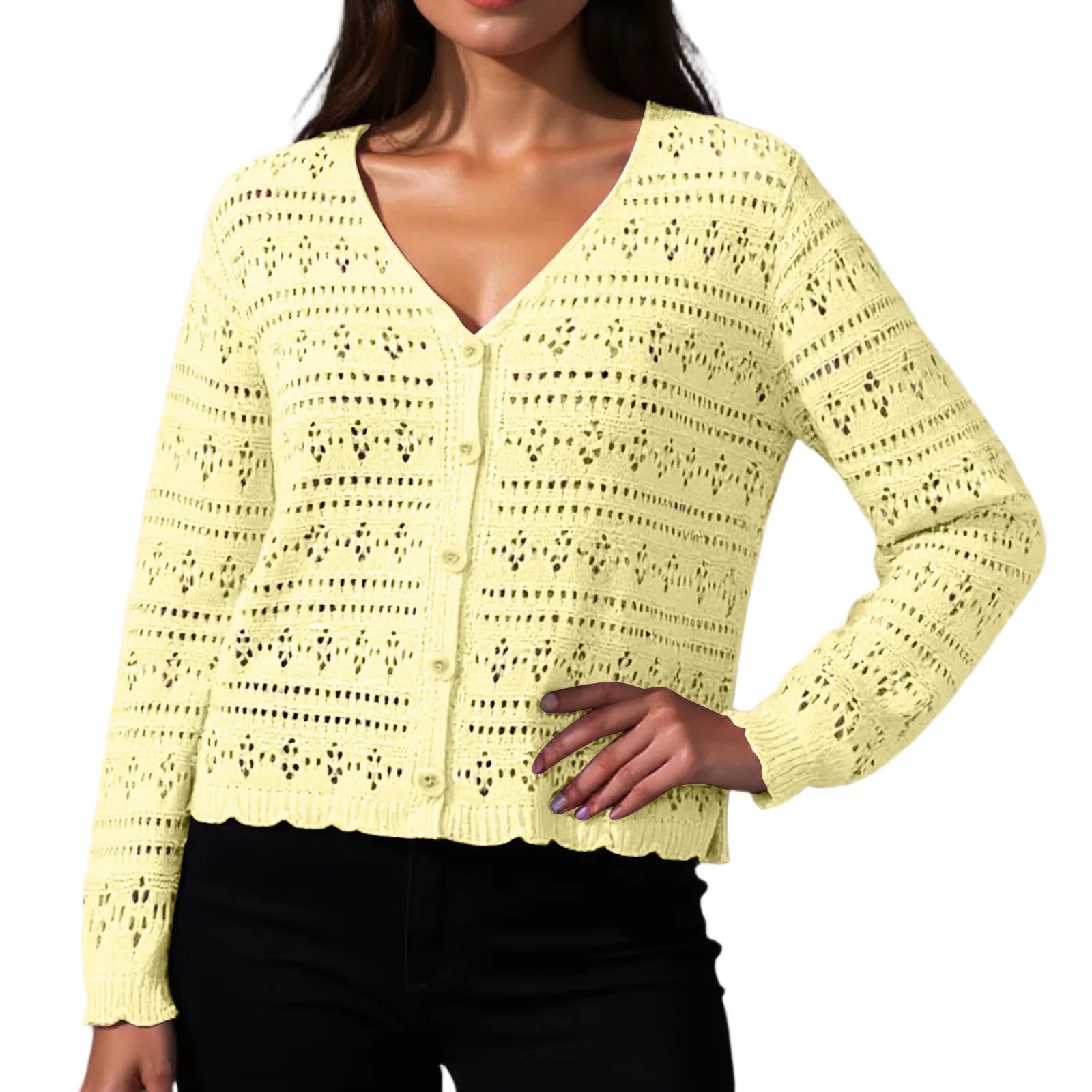 Women Fashion V-neck Knitted Cardigan Spring Autumn Versatile Solid Color Hollow Out Top Ladies Loose Long Sleeved Cardigan Tops