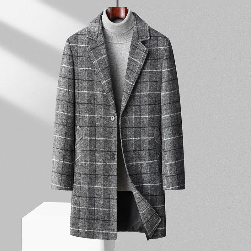 New Winter Men Plaid Business Casual Cashmere Trench Coats British Style Overcoats Quality Man Warm Woolen Blends Long Jackets