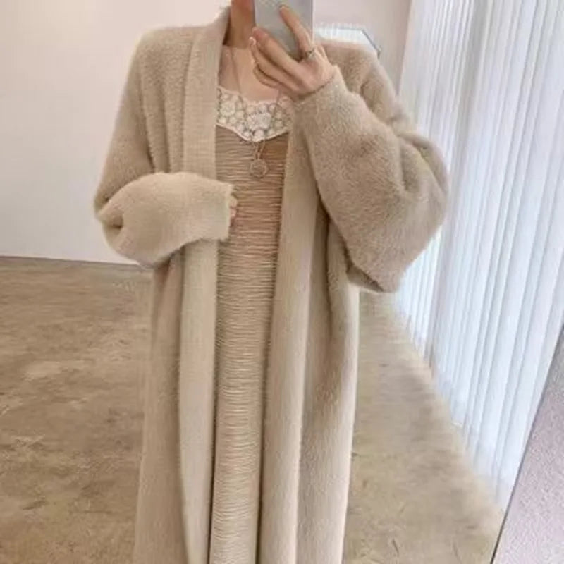 FSMG Elegant Solid Long Pure Imitation Mink Fleece Cardigans Women Knee Length Knitted Cashmere Sweater High Street Warm Coat