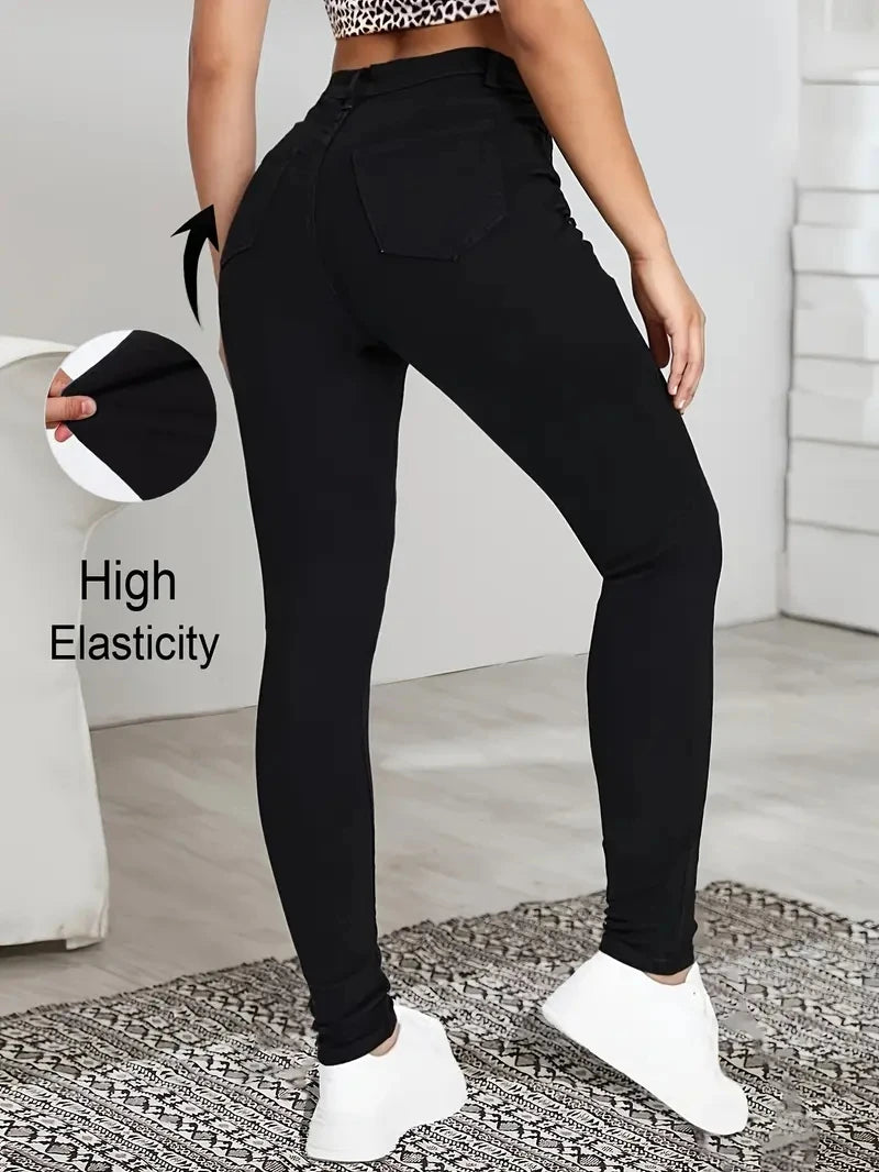 Women's high waisted basic black jeans, versatile and simple casual tight pencil pants