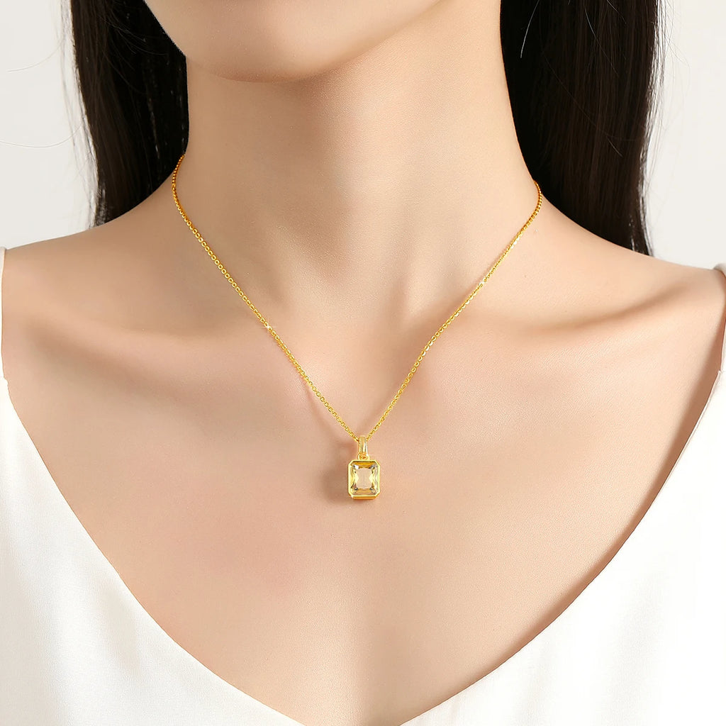Szjinao 100% Real 18k Gold Necklace For Women 8*10mm Yellow Stone Rectangle With Certificate AU750 K Gold Pendant Wedding Gift