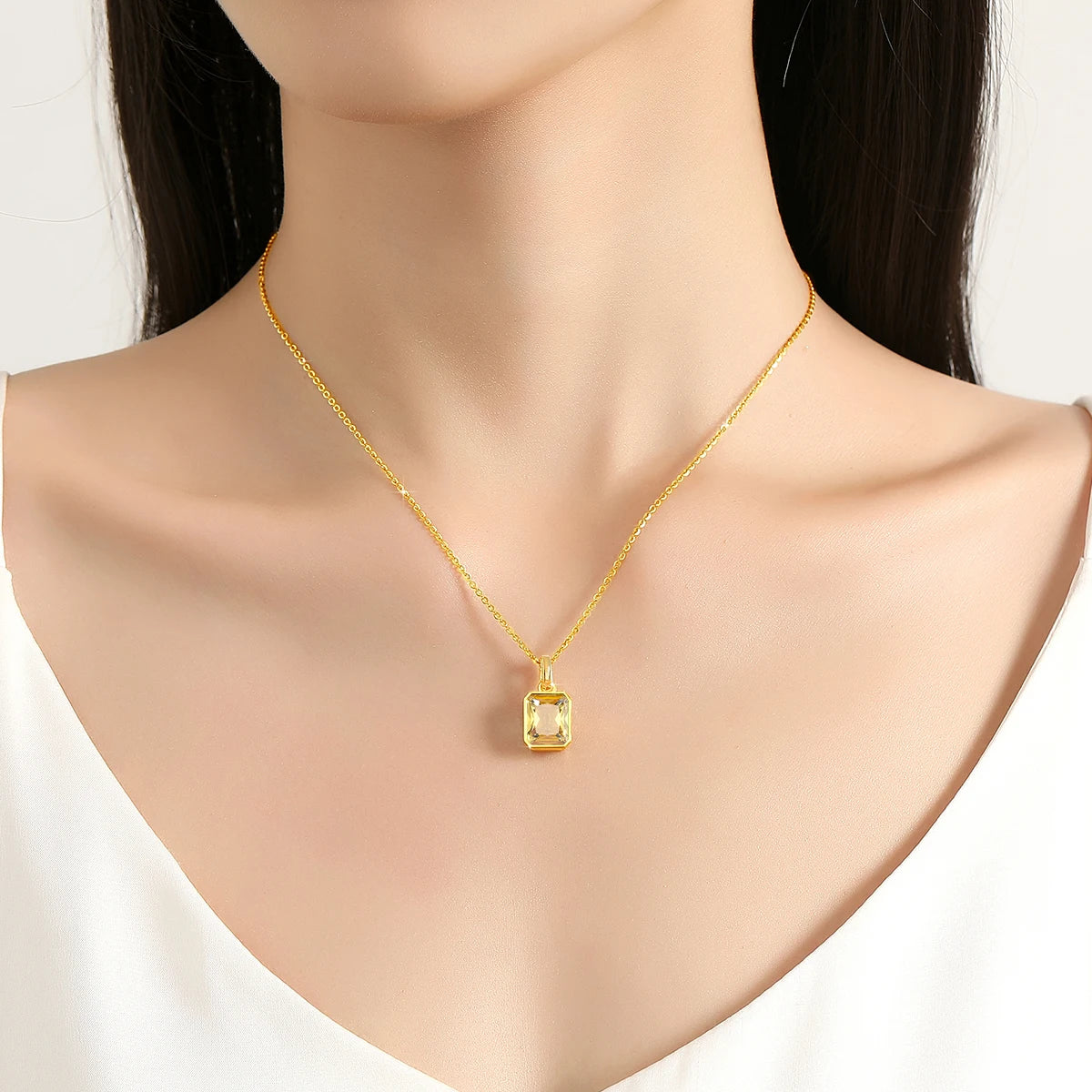 Szjinao 100% Real 18k Gold Necklace For Women 8*10mm Yellow Stone Rectangle With Certificate AU750 K Gold Pendant Wedding Gift