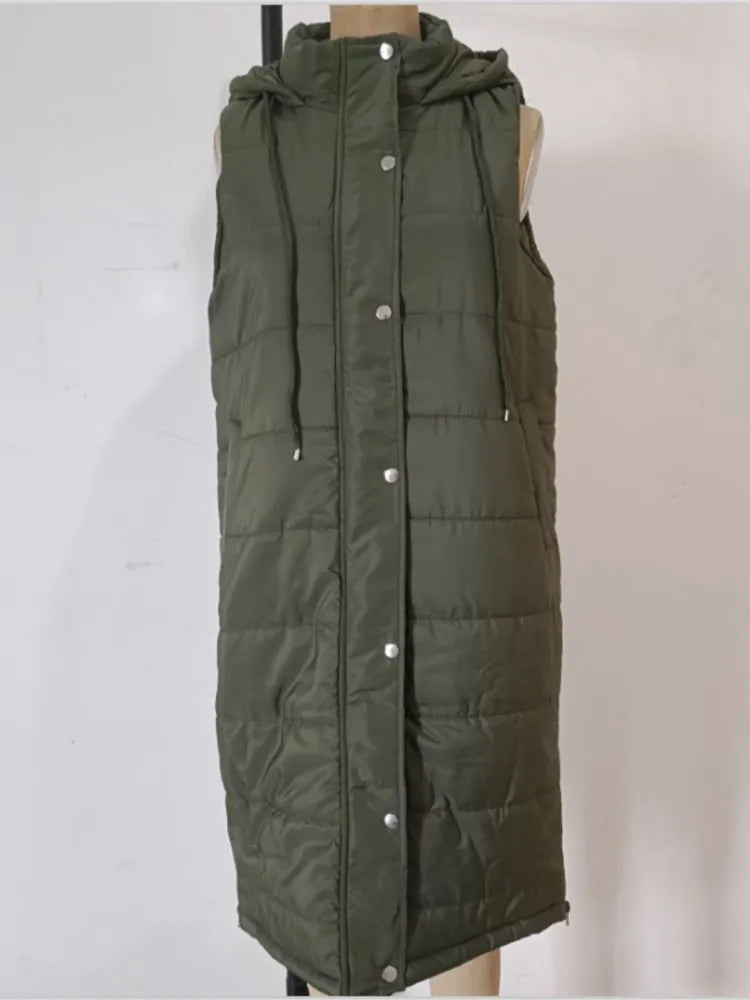 Casual Vest Hooded Single Breasted Mid-length Cotton Padded Jacket Winter Fashion Button Zipper Fitted Cardigan Female Vest Coat