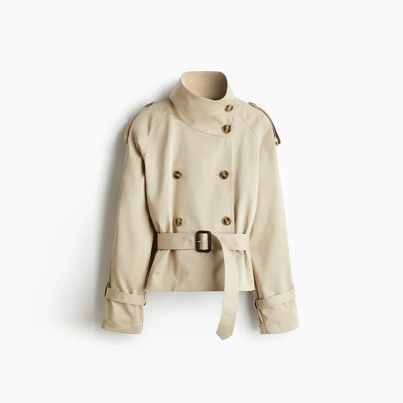 Spring Short Windbreaker Women Fashion Stand Collar Long Sleeve Double Breasted Jackets 2025 New Office Lady Belt Trench Coats