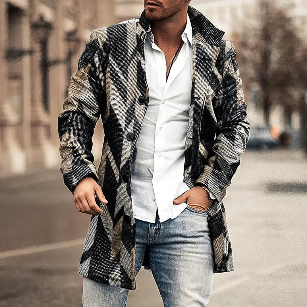 Autumn Winter Retro Print Woolen Coat Men Casual Single Breasted Lapel Long Sleeve Coat Men Fashion Loose Pocket Mid Long Jacket