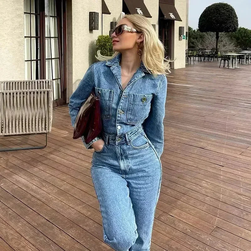 Autumn Denim Jumpsuit for Women Overalls Woman Jean Overalls Long Sleeve Elegant Jumpsuits Y2k Streetwear  Turn Down Collar