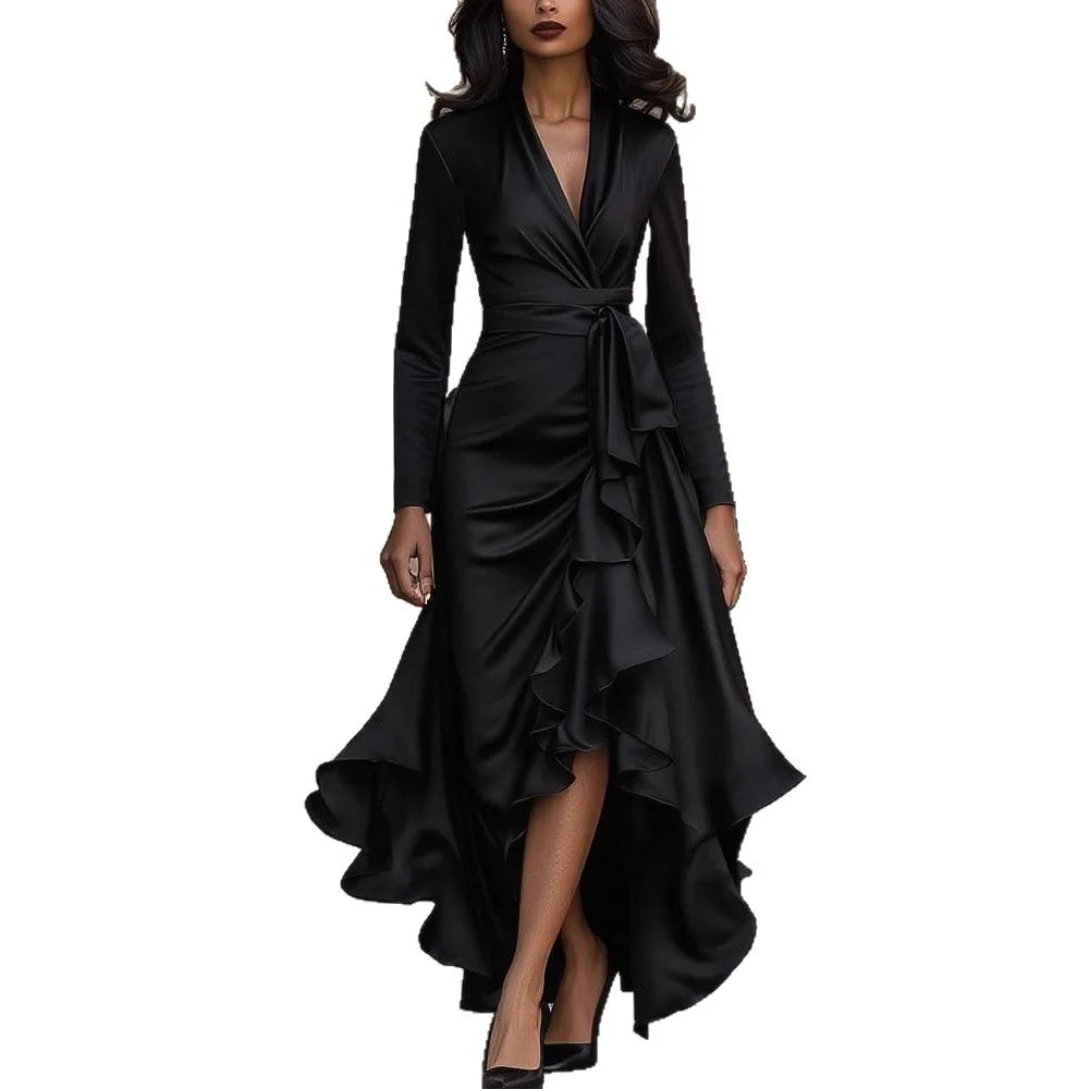 Fashion Satin Spring Autumn Long Sleeve Ruffled Long Sleeve Women's Dress Elegant Woman Slim Fit Irregular Pleated Ruffle Dress