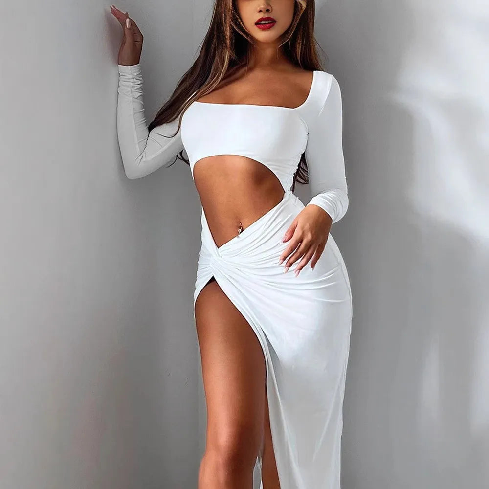 Summer Sexy Street Fashion Hollow Square Neck Long Sleeve Slit Dress Trendy Elegant Women's Gown for Party And Evening