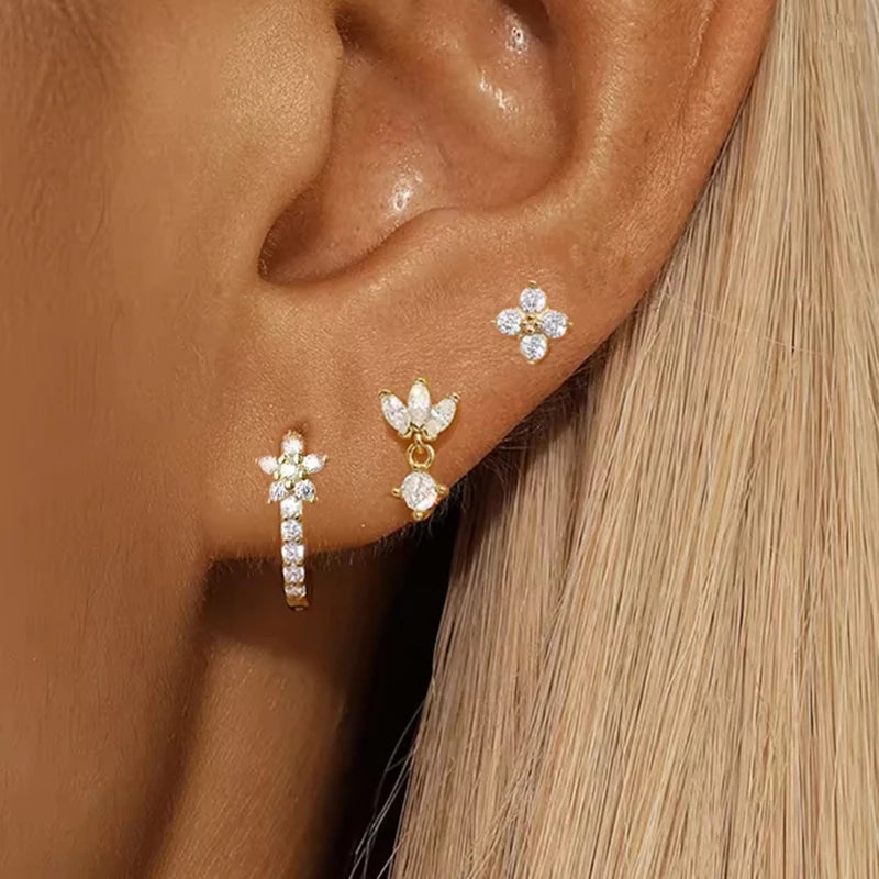 3PCS Flower Huggie Earring Set For Women Tragus Piercing Jewelry Lot Leaf Crystal Cartilage Hoop Earrings Helix Lobe Earing Bulk