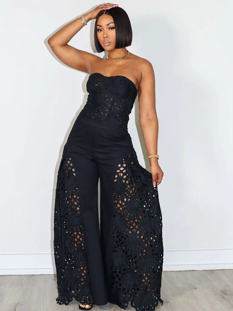 Beyprern Elegant Hollow Out Lace Breast Croset Tube Top And Wide Legs Pants Set Womens Lace Tracksuits Palazzo Set Sexy Clubwear