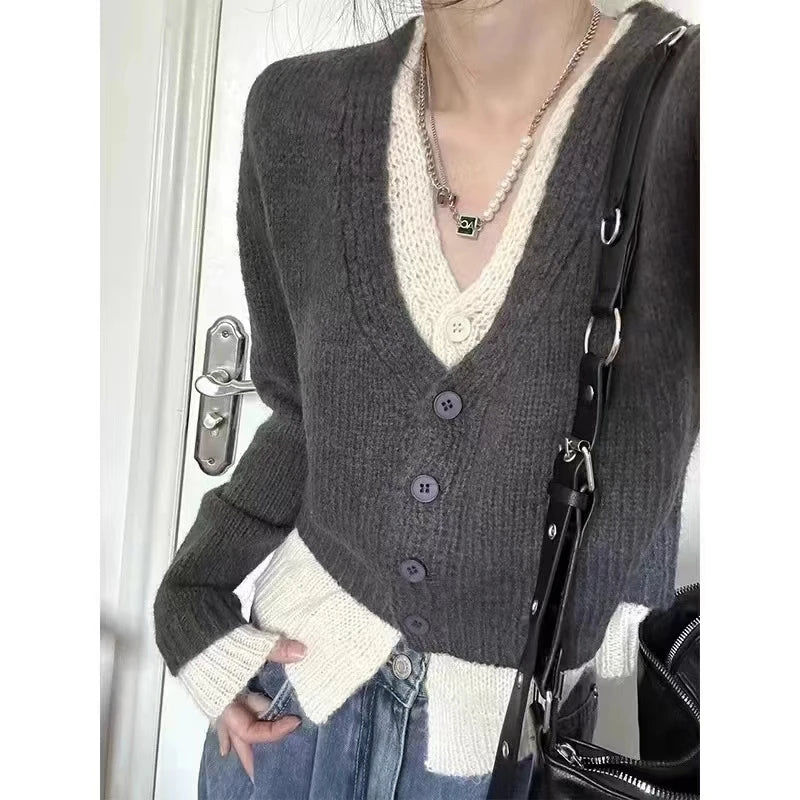 Elegant Button Sweater Fashion Long Sleeve False Two-piece Knitted Top Korean Style Autumn V-neck Cardigan Casual Knitwear