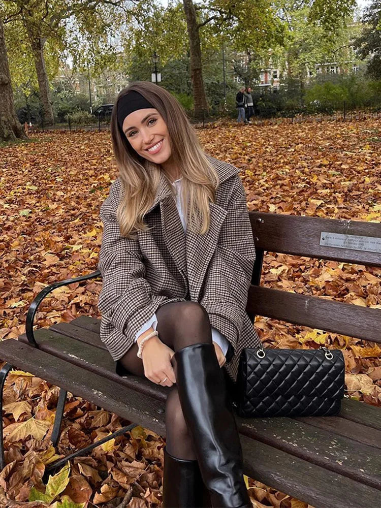 Fashion Houndstooth High Collar Woolen Coats For Women Chic Long Sleeve Single Breasted Jacket 2025 Autumn Winter Lady Outerwear