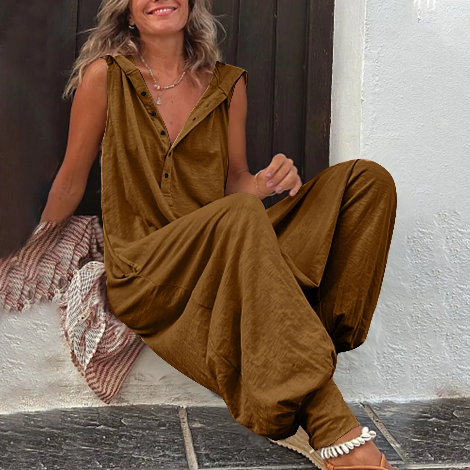 Fashionable Sleeveless Hooded Collar Jumpsuit Women Spring Summer Button Pocket Loose Casual Baggy Pants Jumpsuits Female