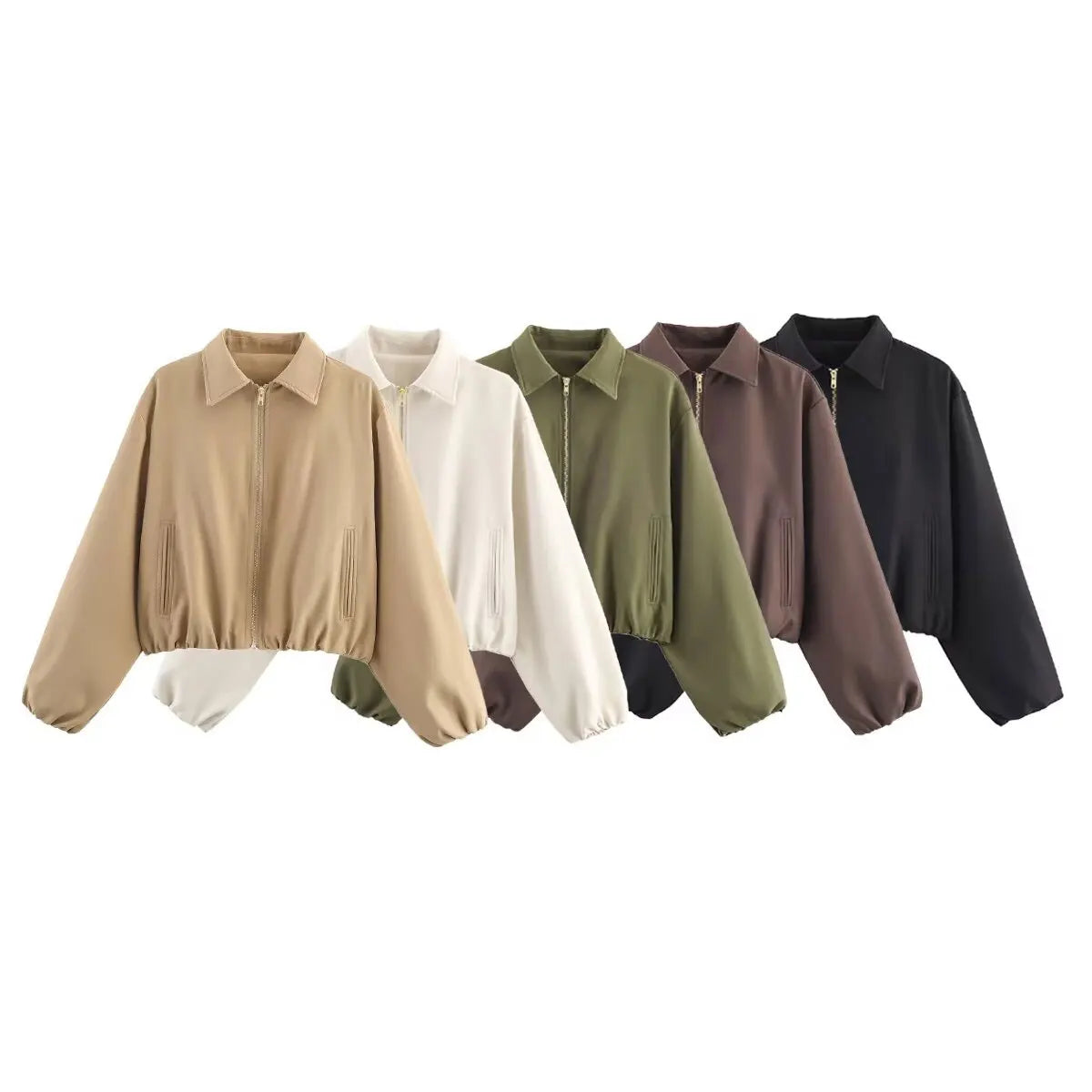 HH 2025 Autumn Street Fashion Solid Bomber Jackets Simple Lapel Zipper Fly Long Puff Sleeves With Pockets Women's Casual Coats