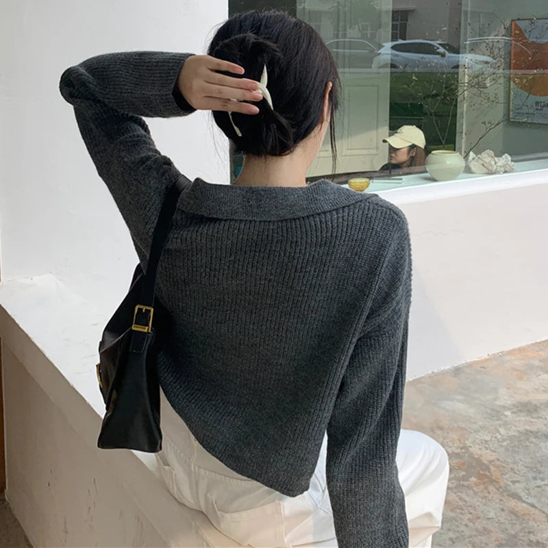 Elegant Autumn Winter Knitted Cardigan Short Sweater Women Long Sleeve Jackets Fashion Loose Casual Simple New Solid Short Top